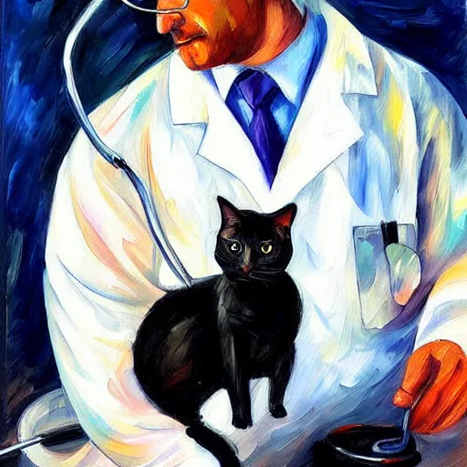 Prompt: painting of a black and white cat as a surgeon doctor by Leonid Afremov, lab coat, stethoscope