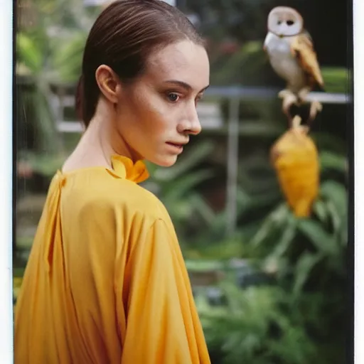 Prompt: candid head to shoulder portrait Polaroid film photograph of an elegant top model wearing a yellow kimono with a very detailed barn owl on her shoulder!!! in a tropical greenhouse. looking at the camera!!. super resolution. Polaroid 600 film. art by Alessio albi and Annie Leibovitz.