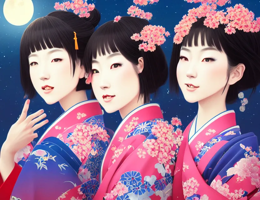 Image similar to two beautiful charming japan girls wear arty kimono in festival | | sunny night, full moon, dreamlike art, realistic shaded, smile, good looking, hyper details, 4 k realistic, cryengine, realistic shaded lighting poster by ilya kuvshinov, fuji choko, ross tran, 8 k resolution, trending on artstation, luxury