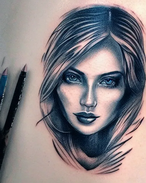 Image similar to tattoo design sketch of a beautiful blue - eyed woman face with a faded background of beautiful mountains on her side, hyper - realistic, in the style of den yakovlev, amazing detail, black and white