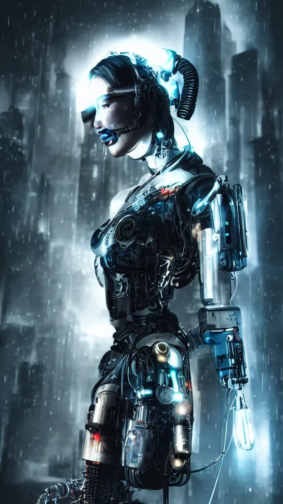 Image similar to beautiful cyborg girl with pony hair,cyberpunk,realistic,cinematic,3d,night lighting