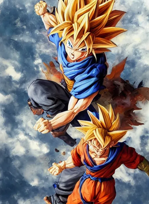 Image similar to semi reallistic gouache gesture painting, by yoshitaka amano, by ruan jia, by Conrad roset, by dofus online artists, detailed anime 3d render of gesture painting of goku KID super Saiyan, young goku blond, Crono, Dragon Quest, crono, goku, portrait, cgsociety, artstation, rococo mechanical, Digital reality, sf5 ink style, dieselpunk atmosphere, gesture drawn