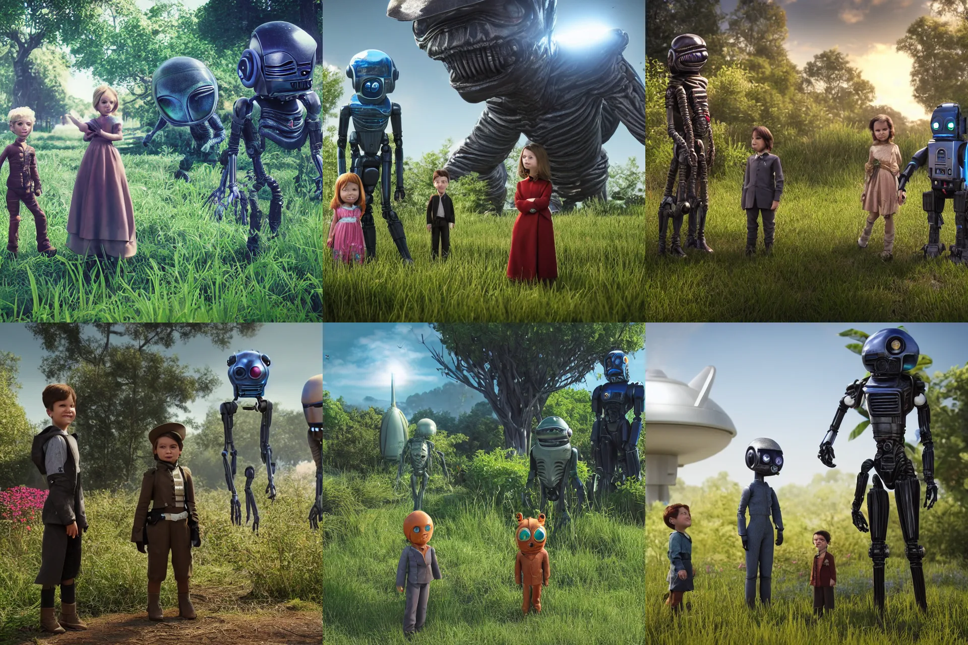 Prompt: a girl and a boy standing next to some alien plants, looking happy and wearing civil war era clothes, their pet droid is nearby, while a small cute alien creature is standing behind them, in a park on a alien planet, ultra realistic facial details, enhanced faces, ultra photorealistic raytracing, 8k