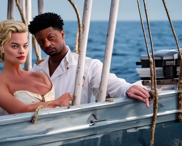 Prompt: handsome 2 1 savage as the wolf of wall street next to margot robbie as naomi from the wolf of wall street on a fishing boat, hyper realistic faces, beautiful eyes, cinematic, long shot, hyper detailed, 8 5 mm photograph, 8 k resolution, film still, sharp lens, wide lens