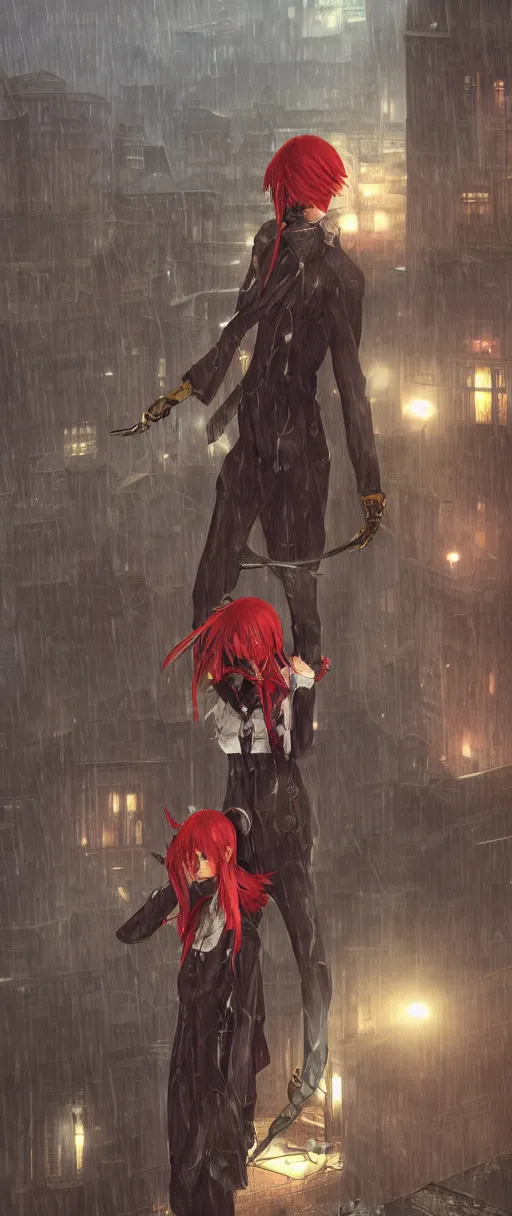 Prompt: asuka langley on a roof in a dishonored town, dunwall city, advanced digital art, dishonored aesthetic, cinematic lighting, rainy weather, melancholy atmosphere, artstation, dunwall city, gothic architecture, volumetric light, octane render, dishonored game, dishonored 1, atmosphere or depression and despair, cute anime face