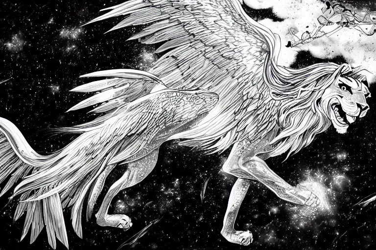 Image similar to angelic majestic winged lioness flying in outer space, stars dotted in background, black and white ink on paper, thick thick thick outlines, 8k high quality detailed manga art, trending on art station and cgsociety, super wide angle, octane, by Eiichiro Oda and Hokusai