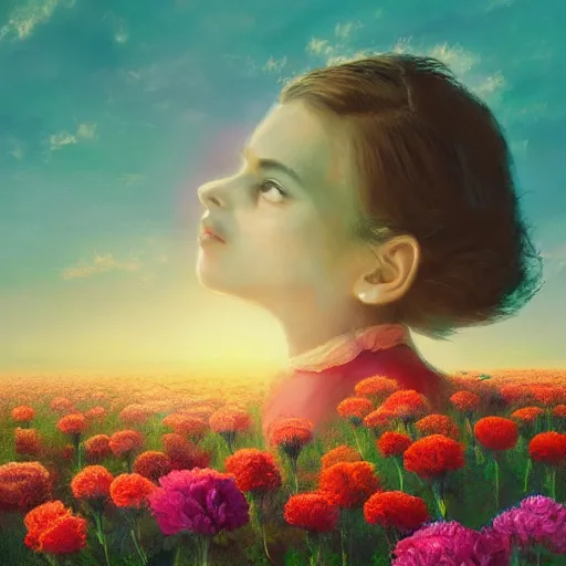 Image similar to head of carnations flower, girl in a flower field, surreal photography, sunrise dramatic light, impressionist painting, colorful clouds, digital painting, artstation, simon stalenhag, flower face