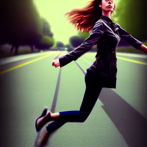 Image similar to pretty women dodging a moving car, photorealistic, in the style of greg rutkowski, detailed face, full body