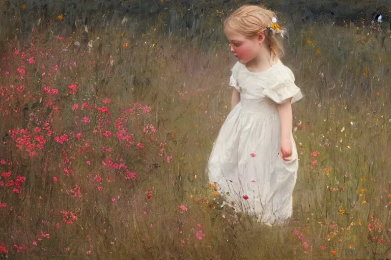 Image similar to little girl in summer dress, plucking wild flowers, sunlight, jeremy lipking, joseph todorovitch