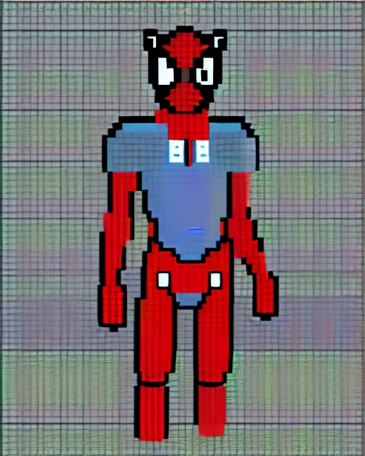 Prompt: a pixel single sprite of armored spiderman ultraman grey fox from metal gear cyborg gay japanese - american hybrid as overwatch character, pixel art, isometric, 3 2 x 3 2, 2 d game art, 1 6 bit, dynamic pose, # pixelart