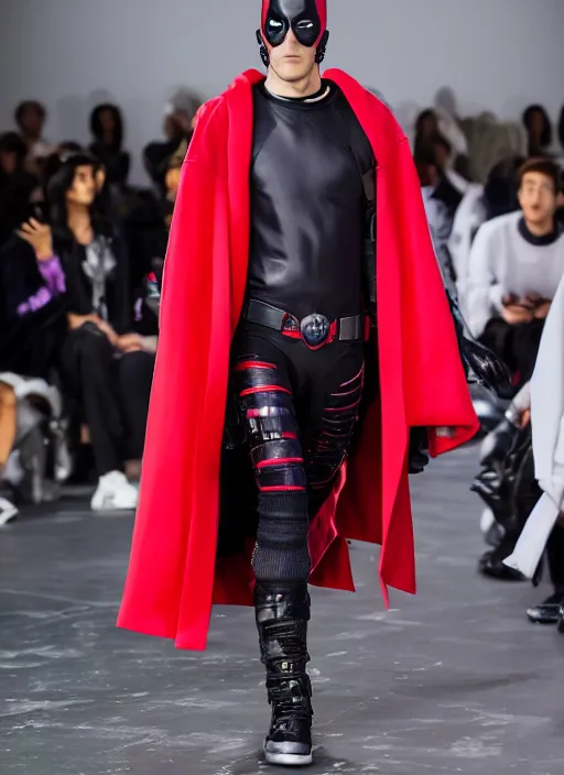 Image similar to hyperrealistic and heavy detailed balenciaga runway show of deadpool, leica sl 2 5 0 mm, vivid color, high quality, high textured, real life