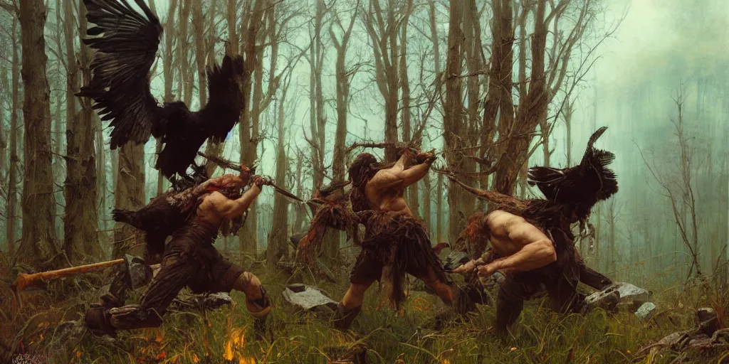 Image similar to angry barbarian norse god pushes an attacking raven from his face, dense forest, dusk, sunset, campfire, horizontal symmetry inception good composition artstation illustration sharp focus, vista painted by ruan jia raymond swanland lawrence alma tadema zdzislaw beksinski norman rockwell tom lovell alex malveda greg staples