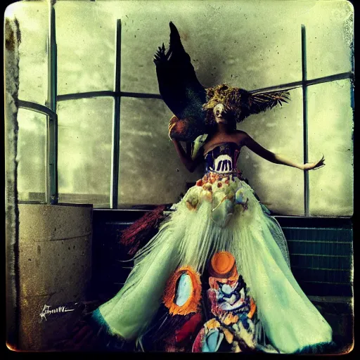 Image similar to kodak portra 4 0 0, wetplate, photo of a surreal artsy dream scene,, girl, weird fashion, grotesque, extravagant dress, carneval, animal, wtf, photographed by paolo roversi style