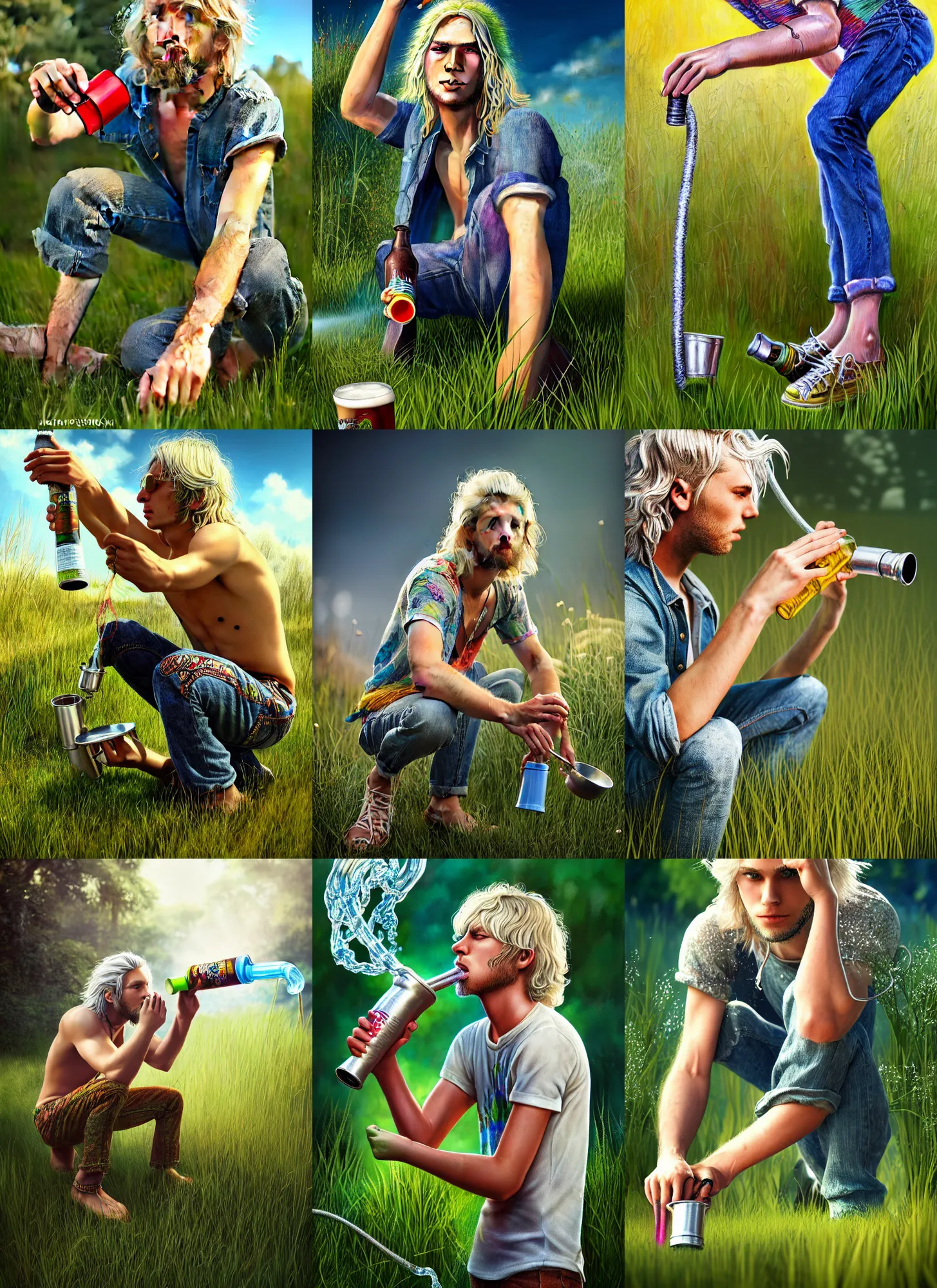 Prompt: a hippie young man, blonde and silver hair, crouching, drinking beer from a a garden hose with a funnel on one end, colourful clothes, hyper realistic, extreme detail, grass, smooth, subtle shadows, fine details, octane render, stunning, intricate, elegant, highly detailed, digital painting, artstation, smooth, sharp focus, raw