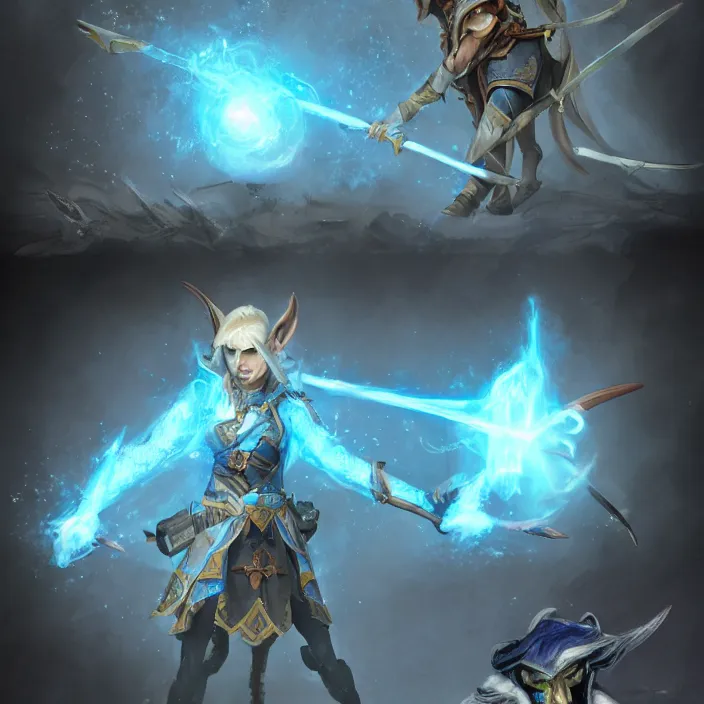 Image similar to an elf ranger with weapons drawn facing a glowing blue orb, fantasy concept art, trending on artstation, video game concept art, highly detailed, cinematic lighting, digital art, dark fantasy