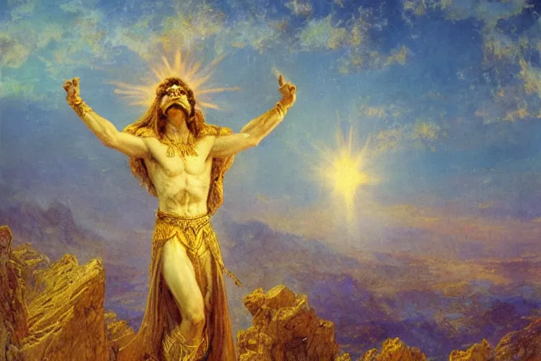 Image similar to illustration of a mythical hero standing at the top of a mountain with the sun in his hands, holding it up to shine over the world. mythology. art by gaston bussiere.