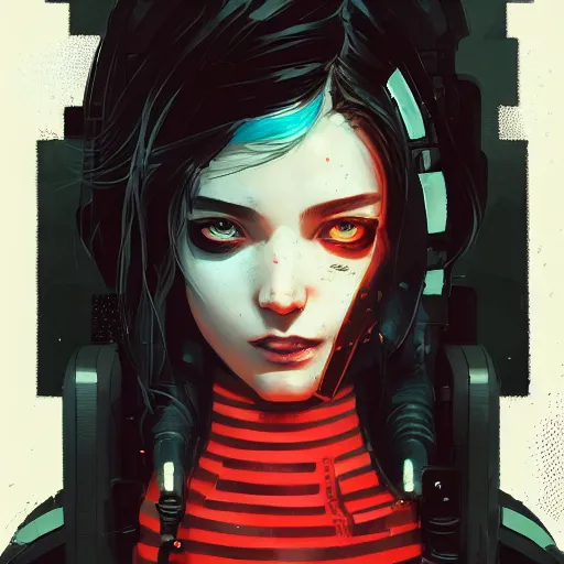 Prompt: Highly detailed portrait of a cyberpunk young lady with, freckles and wavy hair by Atey Ghailan, by Loish, by Bryan Lee O'Malley, by Cliff Chiang, by Greg Rutkowski, inspired by image comics, inspired by graphic novel cover art, inspired by nier!! Gradient black red color scheme ((grafitti tag brick wall background)), trending on artstation