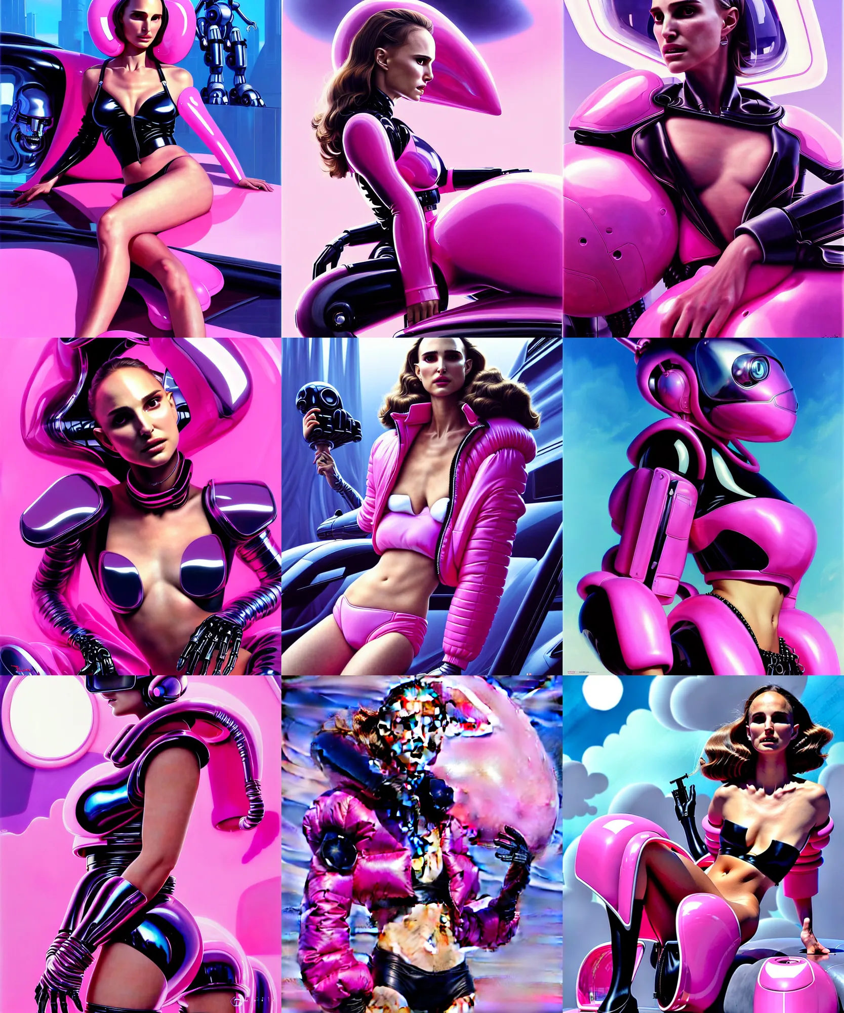 Prompt: beautiful fantasy character portrait, natalie portman, wearing oversized plastic puffy pink bomber jacket and black bikini, seductive seated pose, futuristic chrome vehicle, ultra realistic, wide angle, dramatic lighting, robots, cyberpunk artifacts, highly detailed by paolo eleuteri serpieri, boris vallejo, aaron horkey, hajime sorayama, peter mohrbacher,,