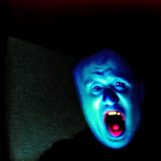 Image similar to dark photo of dark blue rainy bedroom window at night, dimly lit creepy | screaming face of boris johnson staring in through the window, bloody hands, horror, scary face, demonic face,