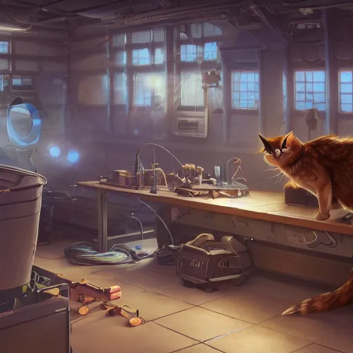 Image similar to an alien space cat sleeping on a mechanics workbench while their owner repairs in a spaceport in a fantasy ghibli animated film, volumetric lighting, octane render by stanley artgerm lau, greg rutkowski, studio ghibli, alphonse mucha, loish, norman rockwel, highly detailed, warm lighting, lens flare - w 7 0 4