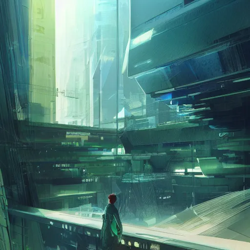 Image similar to neo brutralism, futuristic architectural art, colorful, hyperrealistic, cgsociety, octane render, 8k, realistic depth, 3D feeling, sunlight, shadows, reflections, romanticism, artstation, concept art, wallpaper, dark blue and green tones, in the style of Akihiko Yoshida and Craig Mullins