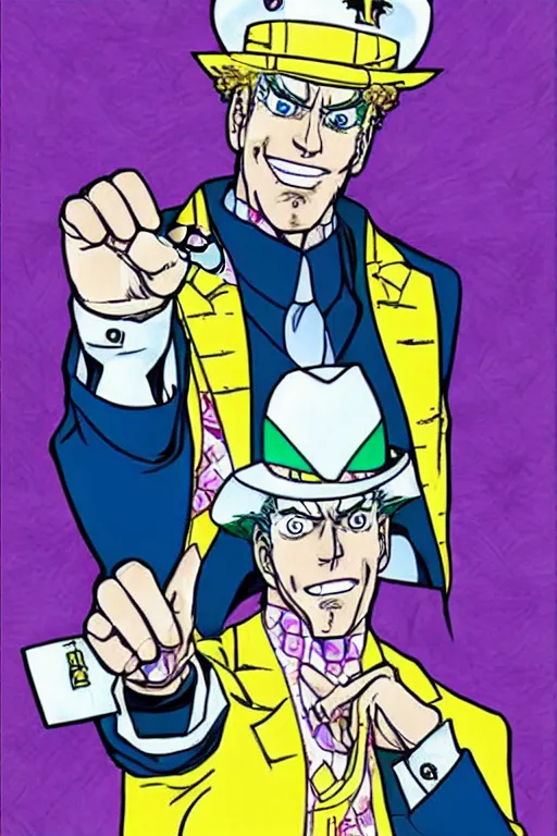 Image similar to Joe Biden as Jotaro Kujo JoJo from JoJo's Bizarre Adventure, anime drawing by Hirohiko Araki, vivid colors, colorful fashion