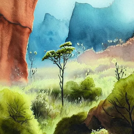 Image similar to stunning lush natural scene on another planet, with weird vegetation, cliffs and colour. beautiful light. soft colour scheme. beautiful artistic detailed watercolor by lurid. ( 2 0 2 2 )