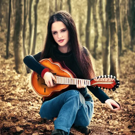 Prompt: young woman with long dark hair playing mandolin in the woods, HD photography, trending on artstation