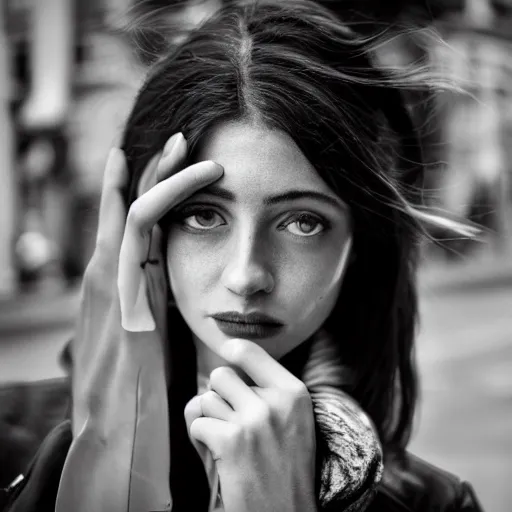 Image similar to black and white fashion photograph, highly detailed portrait of a depressed woman as a drug dealer on a busy Paris street, detailed face looking into camera, eye contact, natural light, rain, mist, lomo, fashion photography, film grain, soft vignette, sigma 85mm f/1.4 1/10 sec shutter, Daren Aronofsky film still promotional image, IMAX 70mm footage