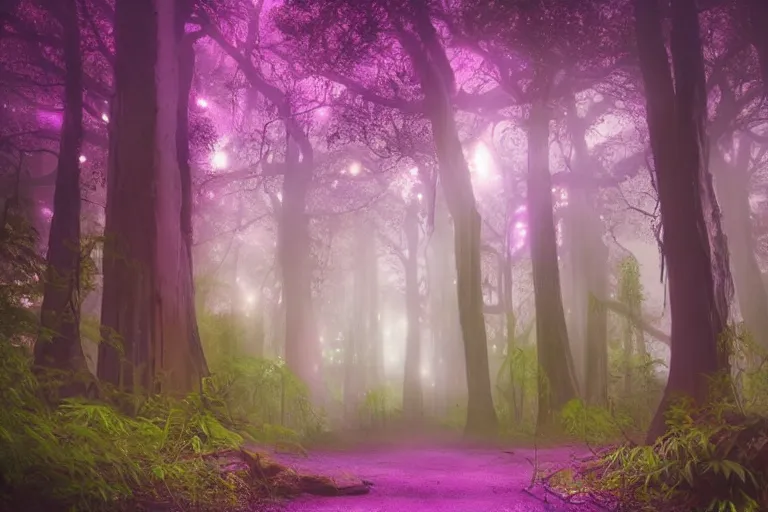 Image similar to ancient magical forest, tall purple and pink trees, moonlit, winding path lined with bioluminescent mushrooms, fireflies, pale blue fog, mysterious, eyes in the trees, cinematic lighting, photorealism