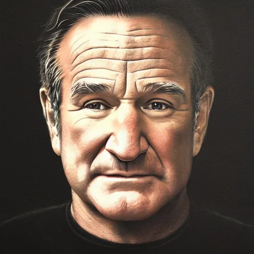 Image similar to portrait of a Robin Williams, staring at you, black background, curious eyes, by Anato Finnstark, Tom Bagshaw, Brom