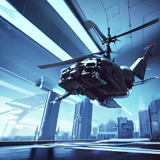 Prompt: cyberpunk concept inspired military helicopter, futuristic look, highly detailed body, very expensive, photorealistic camera shot, bright studio setting, studio lighting, crisp quality and light reflections, unreal engine 5 quality render