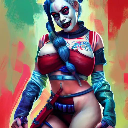 Image similar to Harley Quinn but she's a beautiful young ape with long pony tails on either side of her head, illustration, comic, by James Jean, artgerm, octane render, by John Coltrane and Marc Simonetti, Manic, graffiti, kinemacolor, colorful, high detail of the face, full body