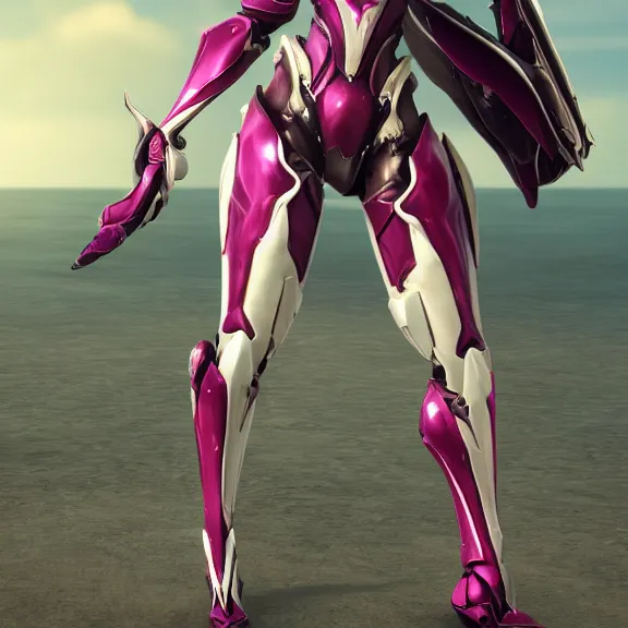 Image similar to cinematic close up full body shot of a beautiful stunning saryn prime warframe, that's a beautiful stunning anthropomorphic robot female dragon with metal cat ears, cute elegant pose, standing on teh beach at sunset, robot cat paws for feet, thick warframe legs, detailed arms, sharp claws, slick pink armor, streamlined white armor, long elegant tail attached to her back end, two arms, two legs, detailed warframe fanart, destiny fanart, macro art, dragon art, furry art, realistic digital art, warframe art, Destiny art, furaffinity, DeviantArt, artstation, 3D realistic, 8k HD, octane render