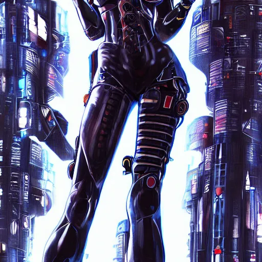 Prompt: girl wearing full suit of cyberpunk armor, intricate armor design, shigenori soejima illustration, heavy lineart, oil on canvas