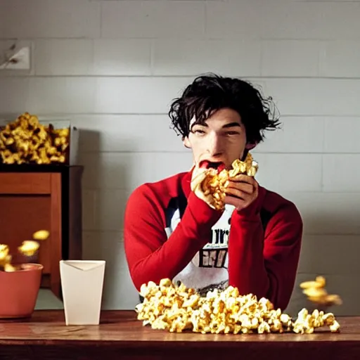 Image similar to photo of ezra miller as flash eating popcorn, national geographic, morning, daylight