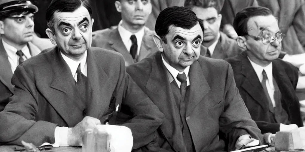 Prompt: Mr Bean (Rowan Atkinson) at the Nuremberg trials 1945, black and white photograph