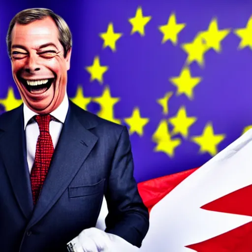 Image similar to nigel farage laughing holding burning eu flag, studio photograph, hd, studio