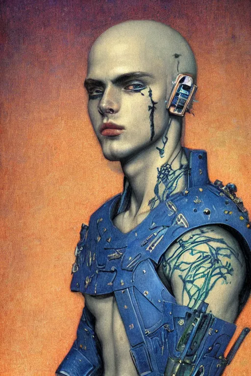 Image similar to portrait of beautiful young man, warhammer, japanic style, cyberpunk, a lot of scars, more and more flowers, blue head, the middle ages, highly detailed, artstation, illustration, art by jean delville, 8 k quality