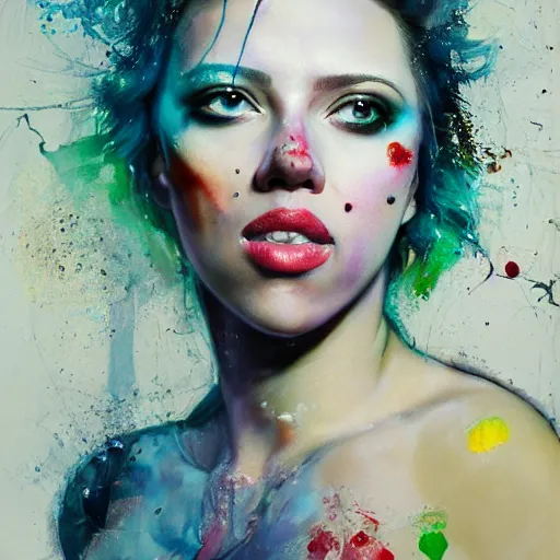 Image similar to beautiful painting of drunken scarlett johansson as delirium from sandman, one green eye and one blue eye, ( hallucinating colorful soap bubbles ), by jeremy mann, by sandra chevrier, by dave mckean and richard avedon and maciej kuciara, 1 9 8 0's, punk rock, tank girl, high detailed, 8 k