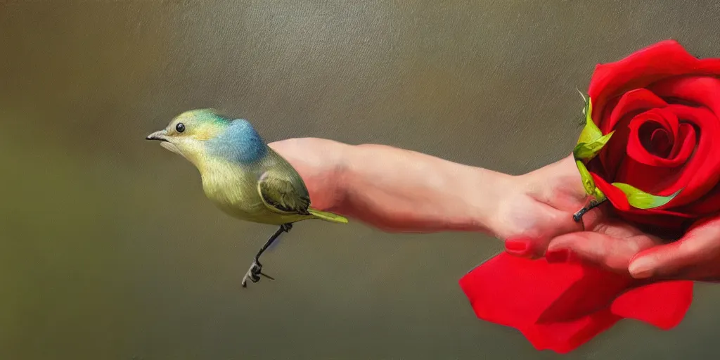 Image similar to portrait of bird holding a rose in a river. hyperrealistic oil painting, 4k, studio lightning, very detailed faces