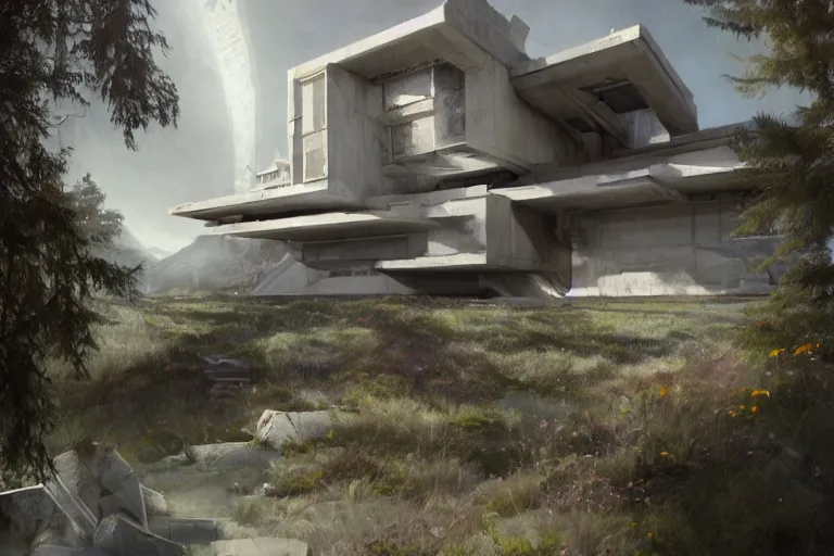 Prompt: brutalist futuristic white residence, pacific northwest, by Jessica Rossier and Brian Froud