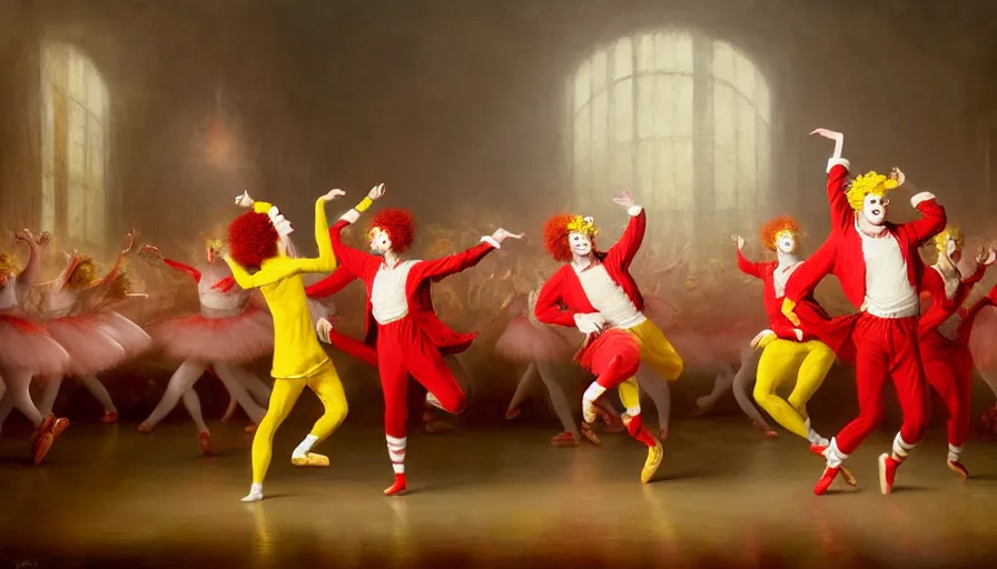 Image similar to highly detailed painting of a group of ronald mcdonalds with red afros, white facepaint, red noses and yellow tracksuits dancing at the ballet by william turner, by greg rutkowski, by william constable, thick brush strokes and visible paint layers, 4 k resolution