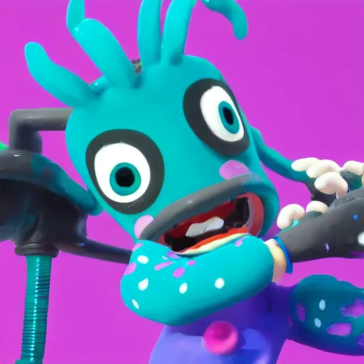 Prompt: splatoon in teal and purple, claymation, 4 k, action, nintendo, width 1 0 2 4