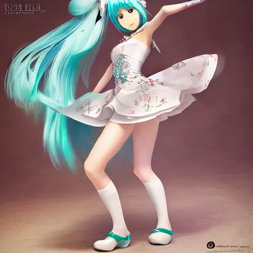 Image similar to Hatsune Miku in wedding outfit by Ruan Jia and Gil Elvgren, fullbody, posing, trending