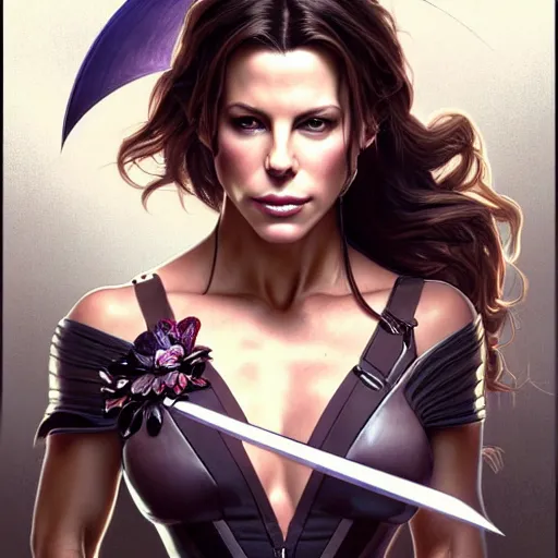 Image similar to a portrait of kate beckinsale as katana girl, upper half portrait, urban motifs, intricate, elegant, highly detailed, digital painting, trending on artstation, concept art, smooth sharp focus, illustration, art by artgerm and greg rutkowski alphonse mucha 8 k