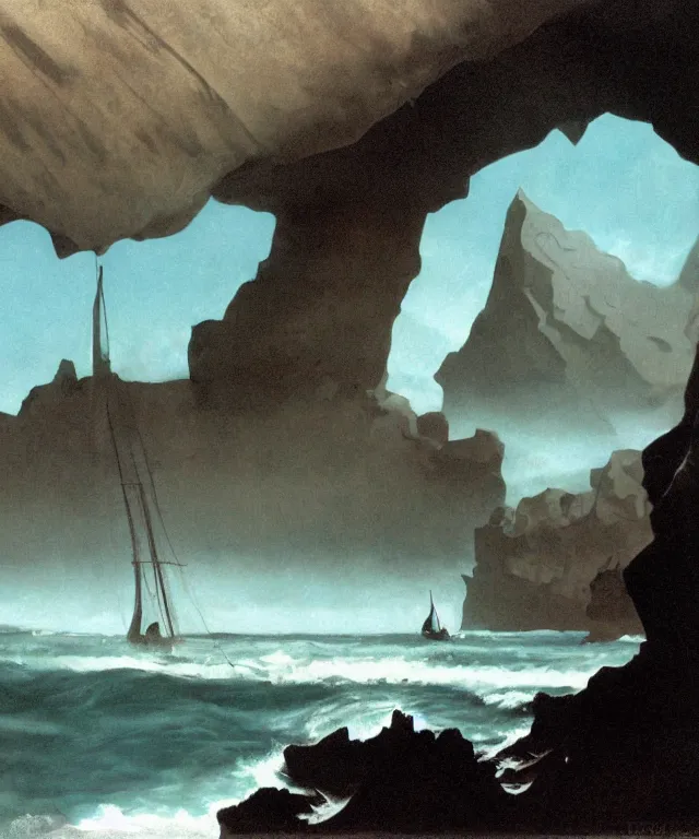 Image similar to photorealistic painting of a 1 9 2 5 seiner sailing near a tropical cliff with the mouth of a sea cave at the waterline, dark, brooding, atmospheric, lovecraft, horror, smooth, epic, highly detailed, cinematic, by angus mcbride