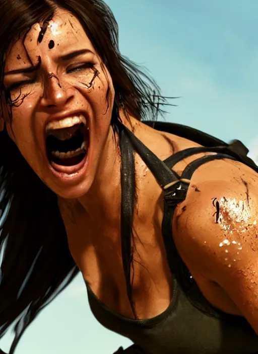 Image similar to a film still of lara croft screaming, her face sweat, direct sun light, close up potrait, cinematic,