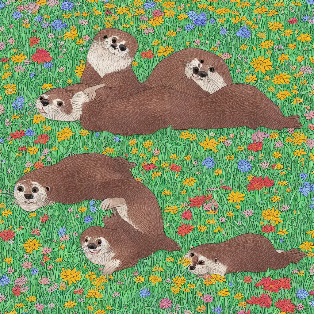 Prompt: a color manga illustration of an otter and a sloth lying in a field of wildflowers and eating sushi. the view is top down. his mood is one of delicious bliss. the image is illustrated in high colorful detail by masashi kishimoto and is very very very detailed.