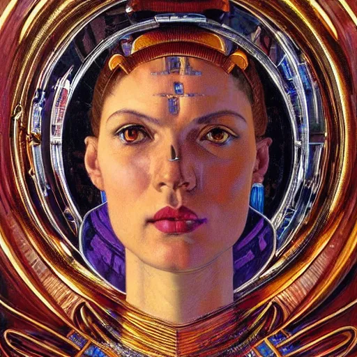 Image similar to close - up renaissance portrait of a primitive art deco android priestess, reflective detailed textures, highly detailed fantasy science fiction painting by moebius, norman rockwell and william holman hunt and syd mead. elaborate geometric ornament, rich colors, high contrast. artstation